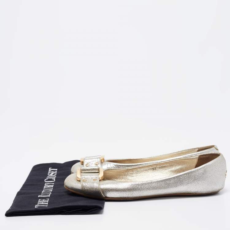 Pre Owned Jimmy Choo Silver Leather Morse Ballet Flats Size 38