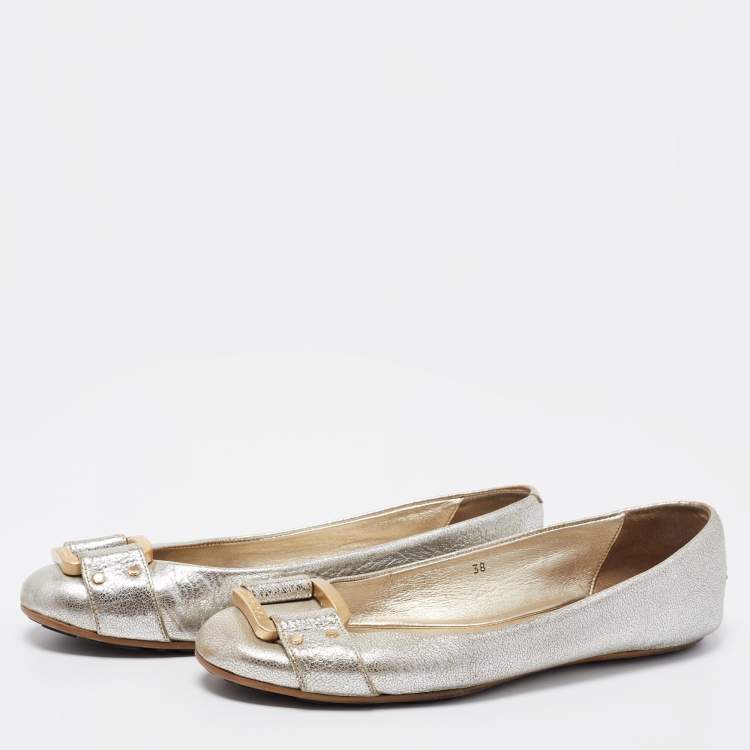 Pre Owned Jimmy Choo Silver Leather Morse Ballet Flats Size 38