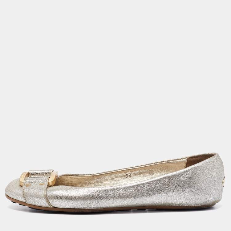 Pre Owned Jimmy Choo Silver Leather Morse Ballet Flats Size 38