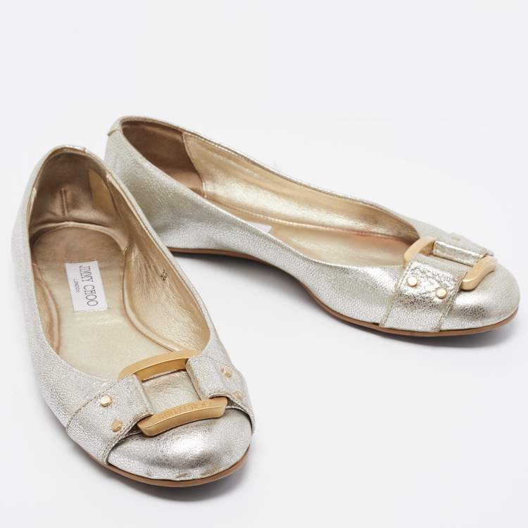 Pre Owned Jimmy Choo Silver Leather Morse Ballet Flats Size 38