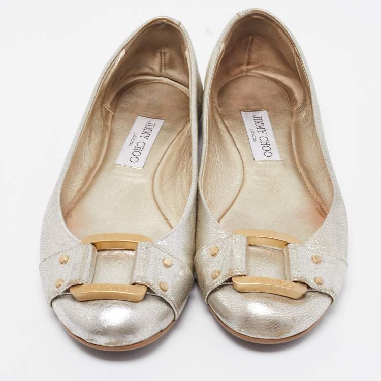 Pre Owned Jimmy Choo Silver Leather Morse Ballet Flats Size 38