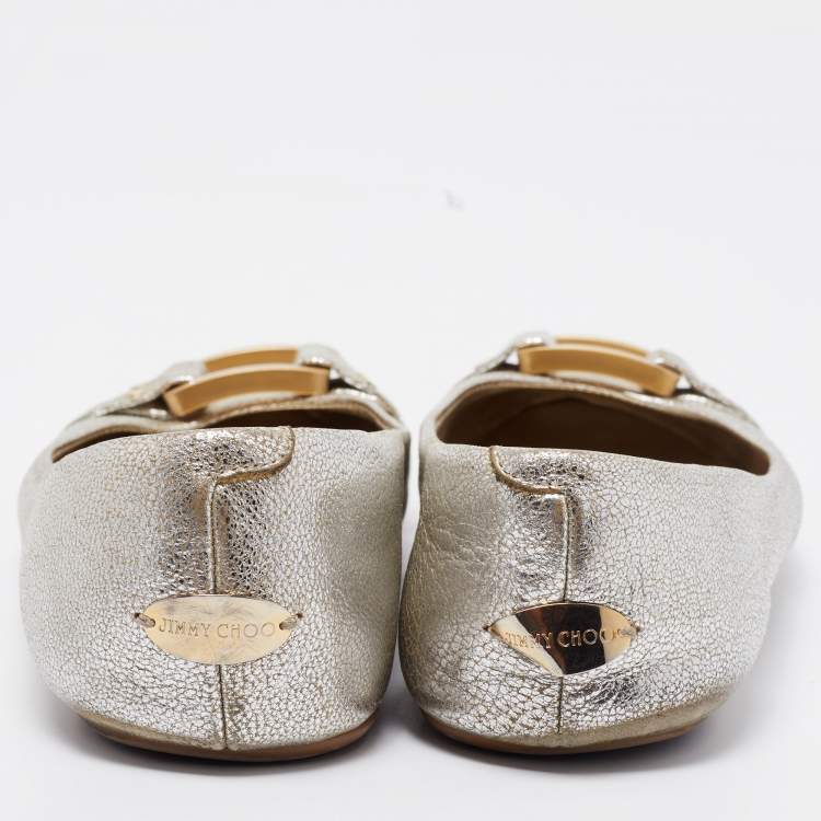 Pre Owned Jimmy Choo Silver Leather Morse Ballet Flats Size 38