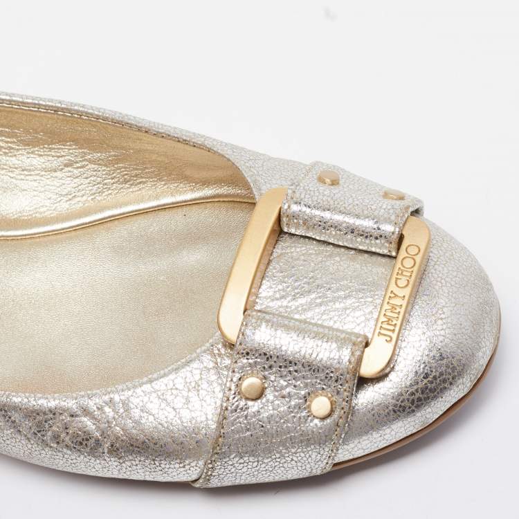 Pre Owned Jimmy Choo Silver Leather Morse Ballet Flats Size 38