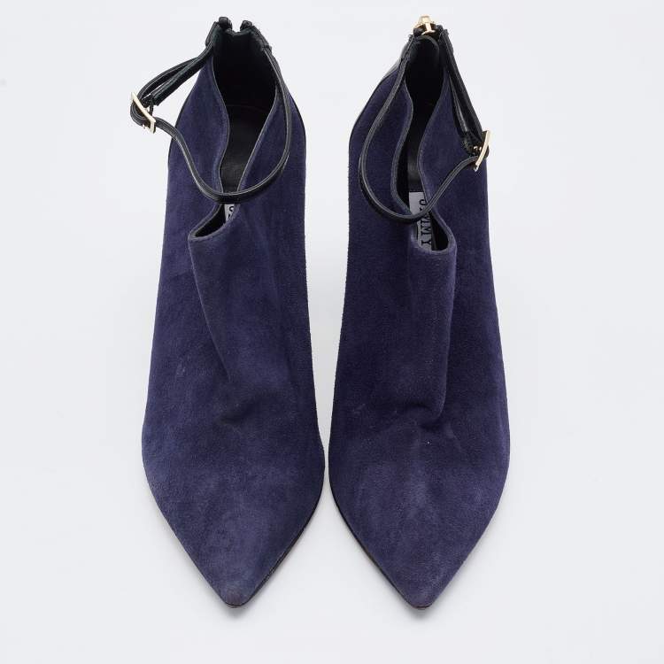 Pre Owned Jimmy Choo Blue/Black Suede and Leather Pointed Toe Ankle Strap Booties Size 37