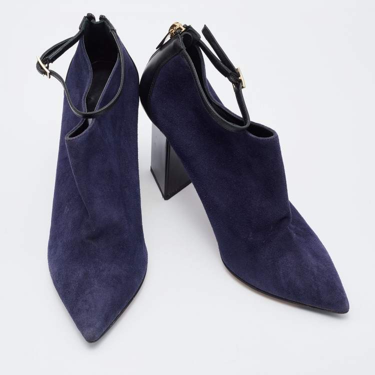 Pre Owned Jimmy Choo Blue/Black Suede and Leather Pointed Toe Ankle Strap Booties Size 37