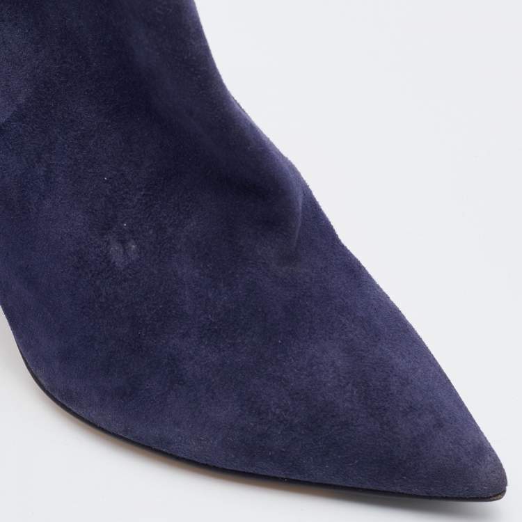 Pre Owned Jimmy Choo Blue/Black Suede and Leather Pointed Toe Ankle Strap Booties Size 37