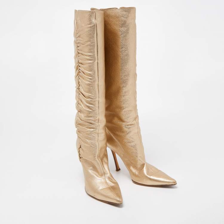Pre Owned Jimmy Choo Metallic Gold Leather Knee Length Boots Size 41