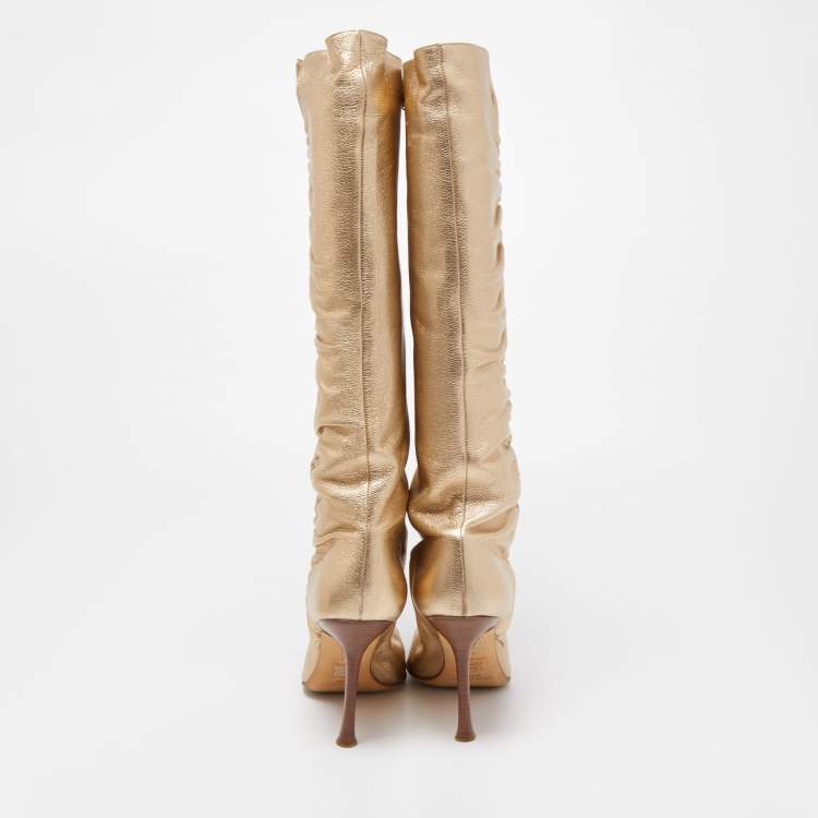 Pre Owned Jimmy Choo Metallic Gold Leather Knee Length Boots Size 41
