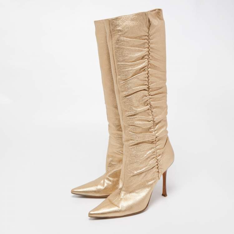 Pre Owned Jimmy Choo Metallic Gold Leather Knee Length Boots Size 41