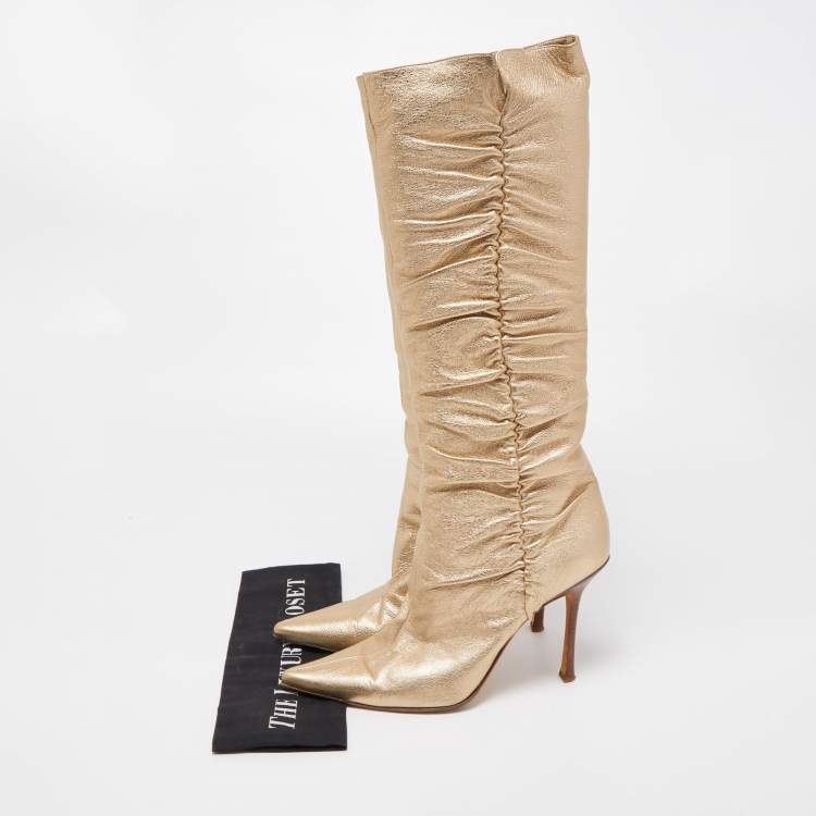 Pre Owned Jimmy Choo Metallic Gold Leather Knee Length Boots Size 41