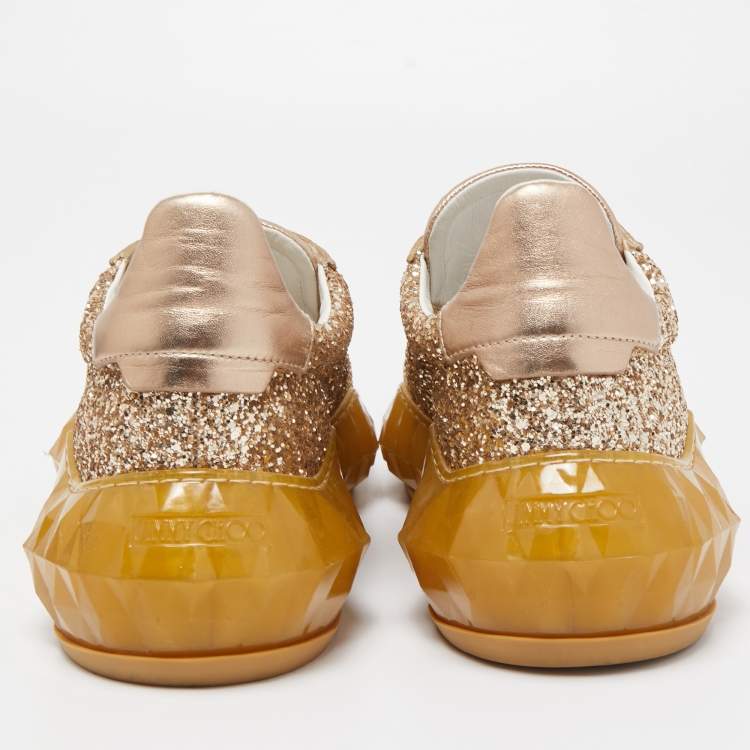 Pre Owned Jimmy Choo Metallic Leather and  Coarse Glitter Diamond Sneakers Size 39