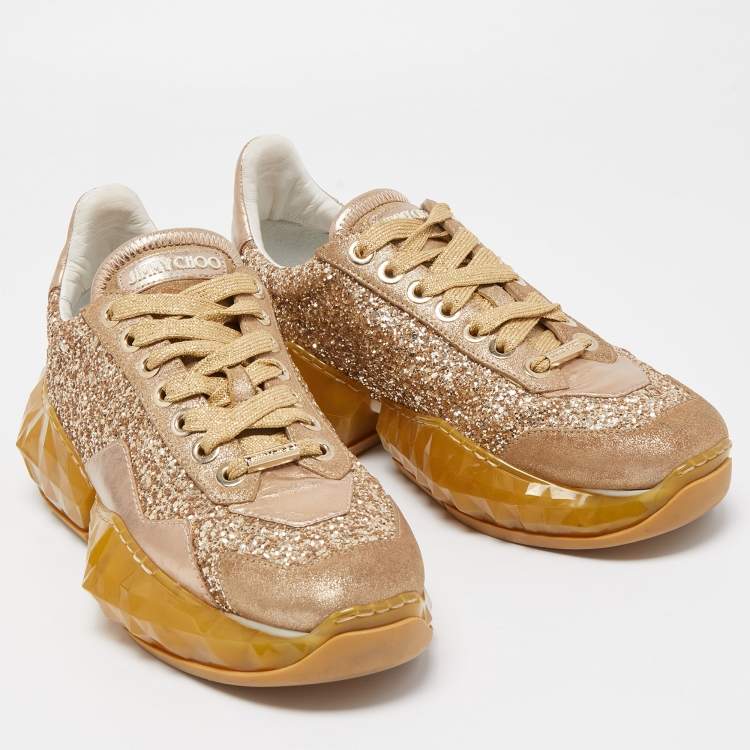 Pre Owned Jimmy Choo Metallic Leather and  Coarse Glitter Diamond Sneakers Size 39