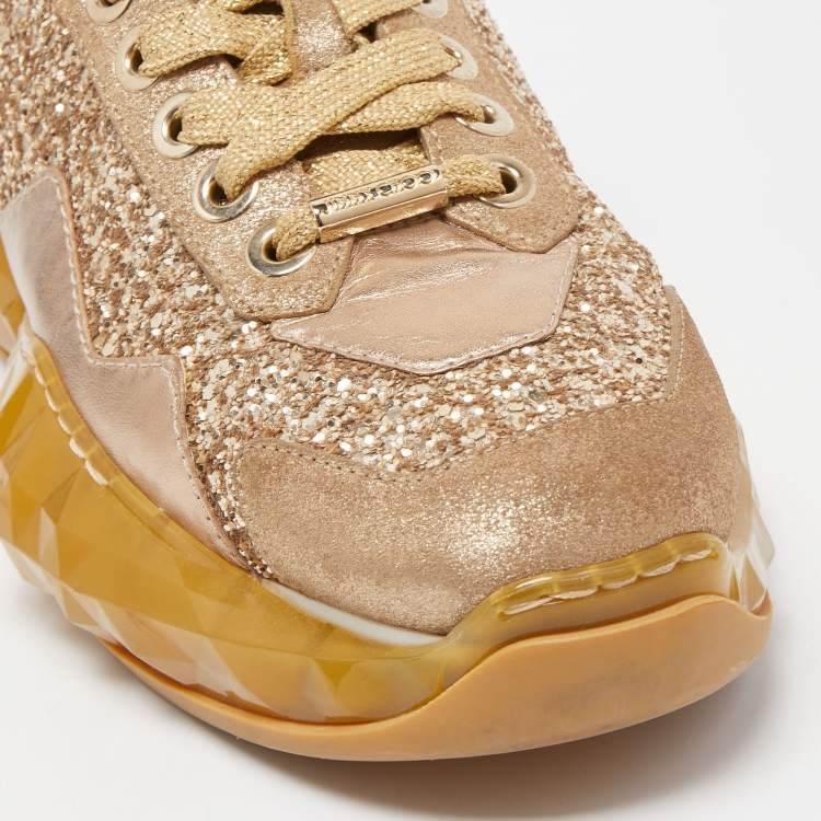 Pre Owned Jimmy Choo Metallic Leather and  Coarse Glitter Diamond Sneakers Size 39