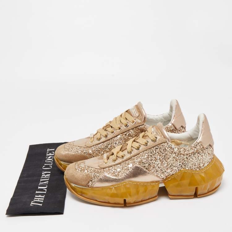 Pre Owned Jimmy Choo Metallic Leather and  Coarse Glitter Diamond Sneakers Size 39