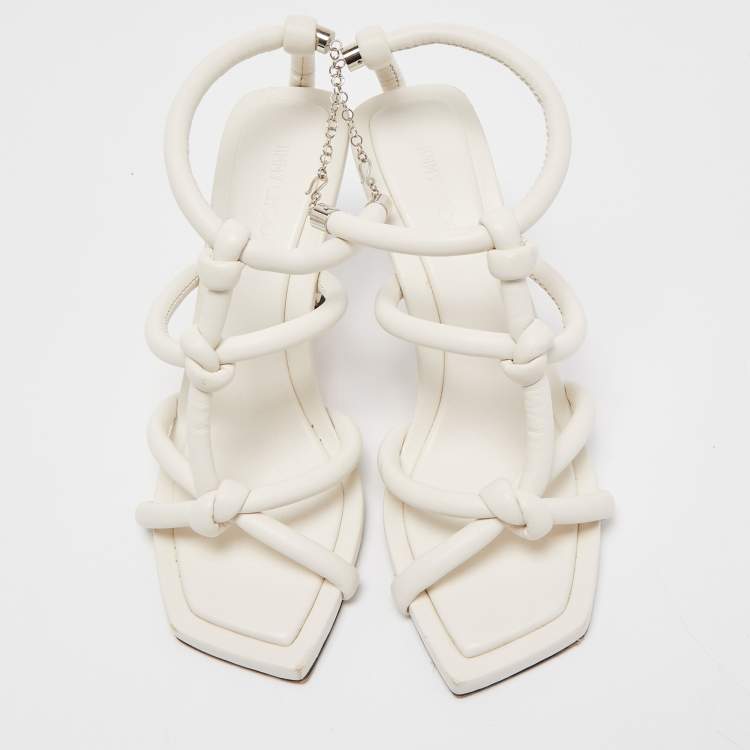 مملوكة مسبقًا Jimmy Choo White Leather Knot Detail Bay Ankle Strap Sandal Size 39
