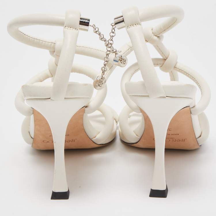 مملوكة مسبقًا Jimmy Choo White Leather Knot Detail Bay Ankle Strap Sandal Size 39