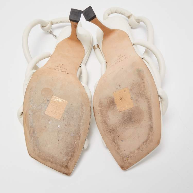 مملوكة مسبقًا Jimmy Choo White Leather Knot Detail Bay Ankle Strap Sandal Size 39