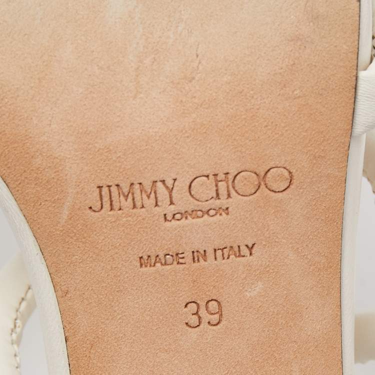 مملوكة مسبقًا Jimmy Choo White Leather Knot Detail Bay Ankle Strap Sandal Size 39