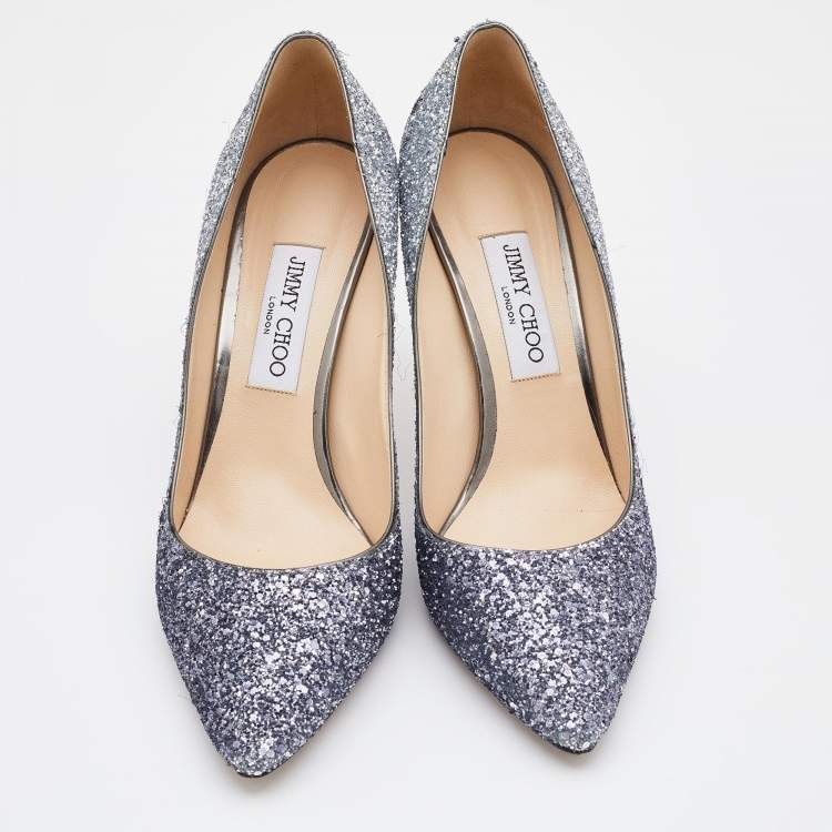 Pre Owned Jimmy Choo Silver Coarse Glitter Romy Pumps Size 41