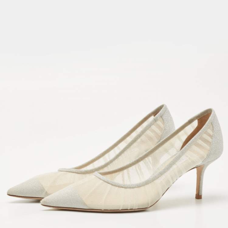 مملوكة مسبقًا Jimmy Choo Silver Mesh Glitter and Mesh Love Pumps Size 36