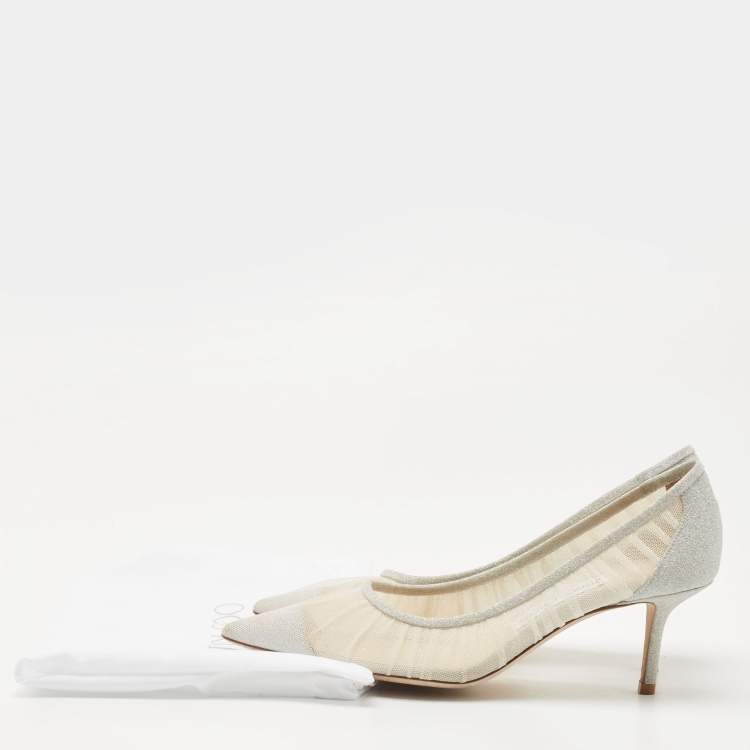 مملوكة مسبقًا Jimmy Choo Silver Mesh Glitter and Mesh Love Pumps Size 36