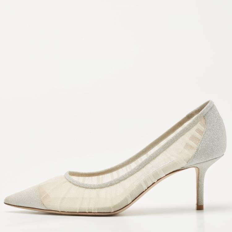 مملوكة مسبقًا Jimmy Choo Silver Mesh Glitter and Mesh Love Pumps Size 36