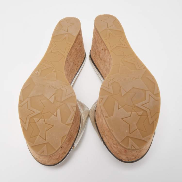 Pre Owned Jimmy Choo Silver Leather Logo Embossed Deedee Cork Platform Wedge Sandals Size 38