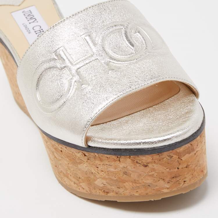 Pre Owned Jimmy Choo Silver Leather Logo Embossed Deedee Cork Platform Wedge Sandals Size 38