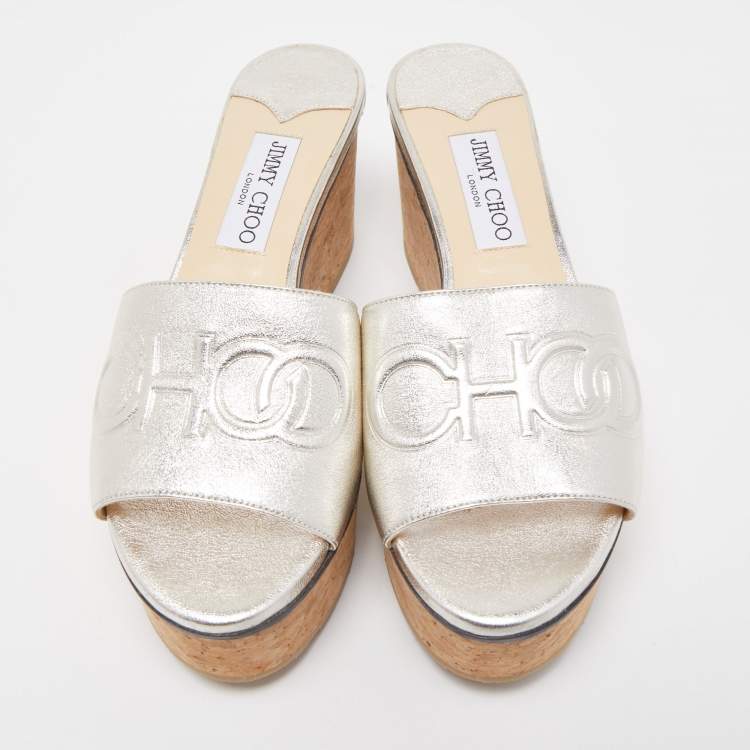 Pre Owned Jimmy Choo Silver Leather Logo Embossed Deedee Cork Platform Wedge Sandals Size 38