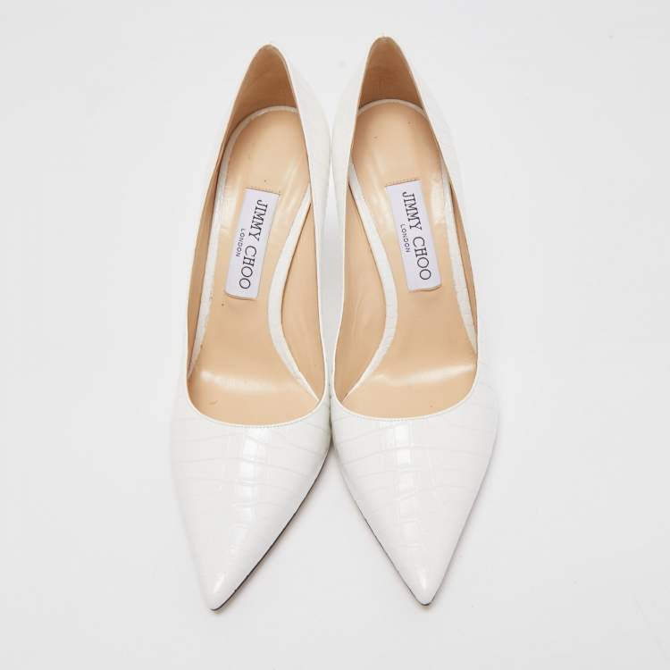 Pre Owned Jimmy Choo White Croc Embossed Leather Love Pumps Size 39.5