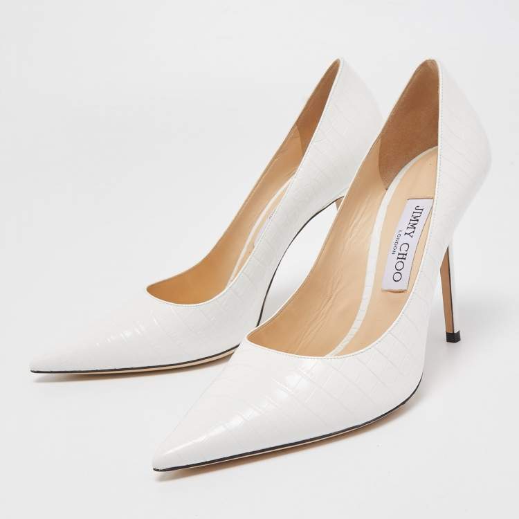 Pre Owned Jimmy Choo White Croc Embossed Leather Love Pumps Size 39.5