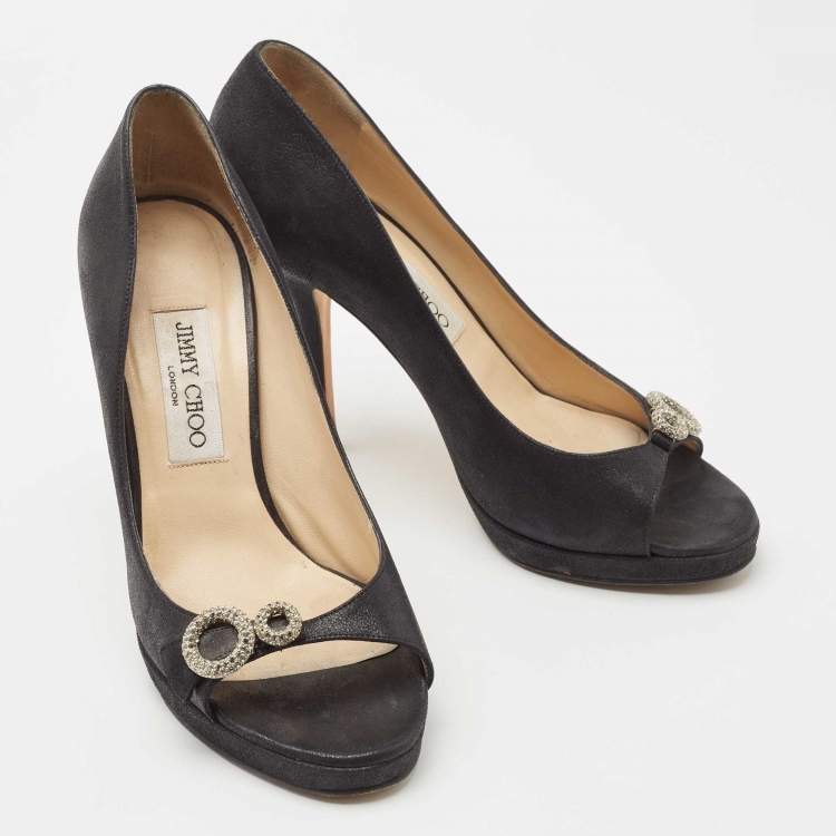 Pre Owned Jimmy Choo Black Nubuck Leather Open Toe Pumps Size 38
