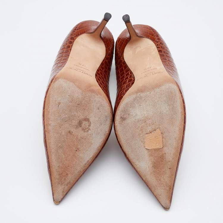 Pre Owned Jimmy Choo Brown Croc Embossed Leather Love Pumps Size 37.5