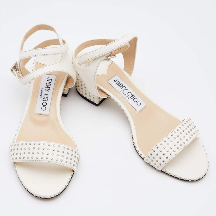 Pre Owned Jimmy Choo White Studded Leather Marine Block Heel Ankle Strap Sandals Size 36.5