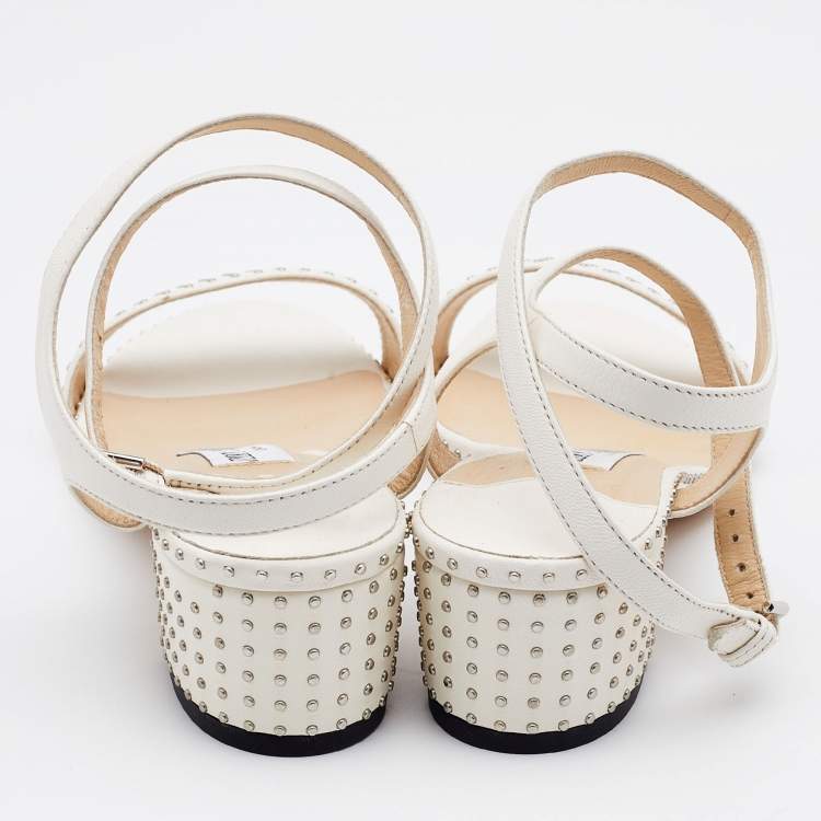 Pre Owned Jimmy Choo White Studded Leather Marine Block Heel Ankle Strap Sandals Size 36.5