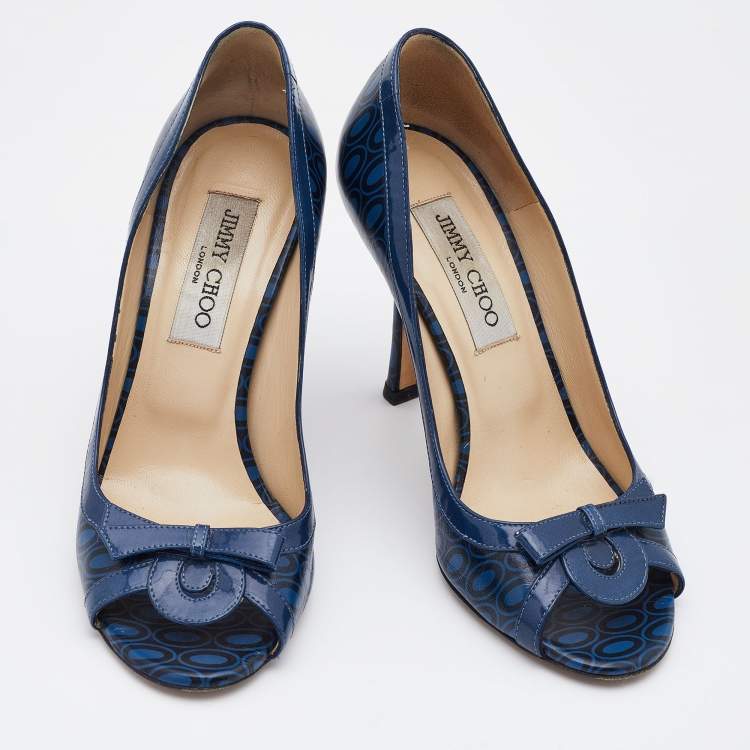 Pre Owned Jimmy Choo Blue/Black Printed Leather and Patent Peep Toe Pumps Size 37