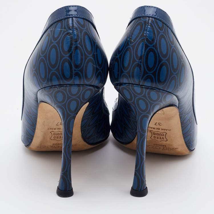 Pre Owned Jimmy Choo Blue/Black Printed Leather and Patent Peep Toe Pumps Size 37