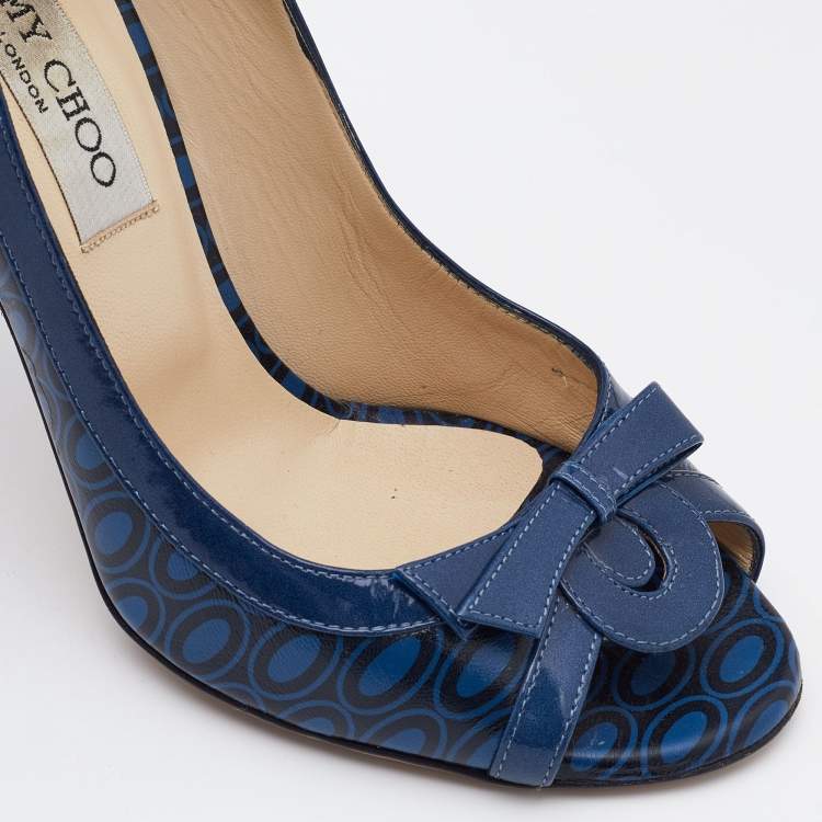 Pre Owned Jimmy Choo Blue/Black Printed Leather and Patent Peep Toe Pumps Size 37