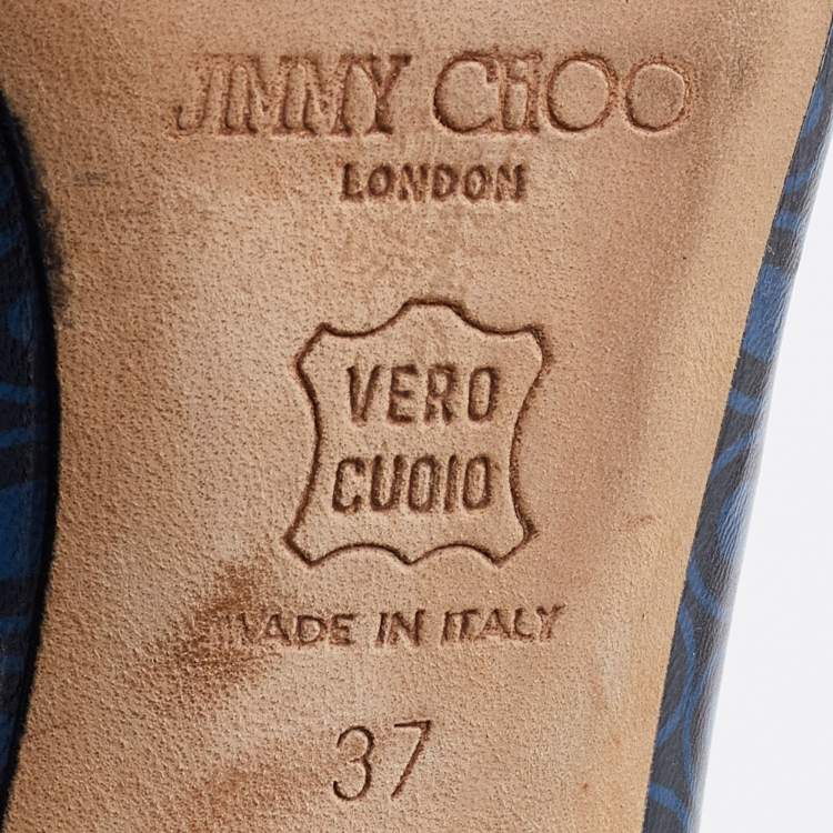 Pre Owned Jimmy Choo Blue/Black Printed Leather and Patent Peep Toe Pumps Size 37