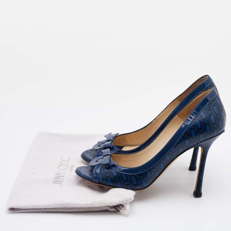 Pre Owned Jimmy Choo Blue/Black Printed Leather and Patent Peep Toe Pumps Size 37