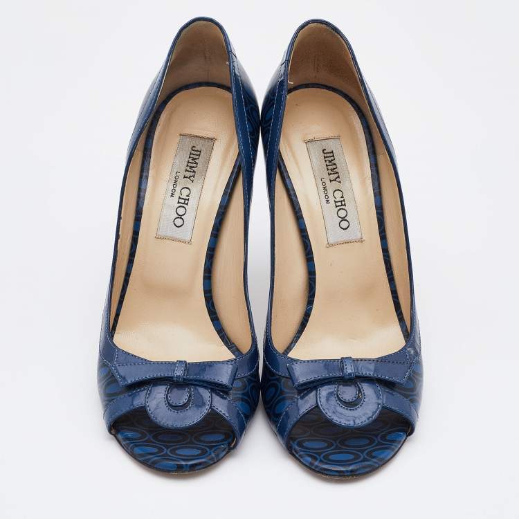 Pre Owned Jimmy Choo Blue/Black Printed Leather and Patent Peep Toe Pumps Size 37