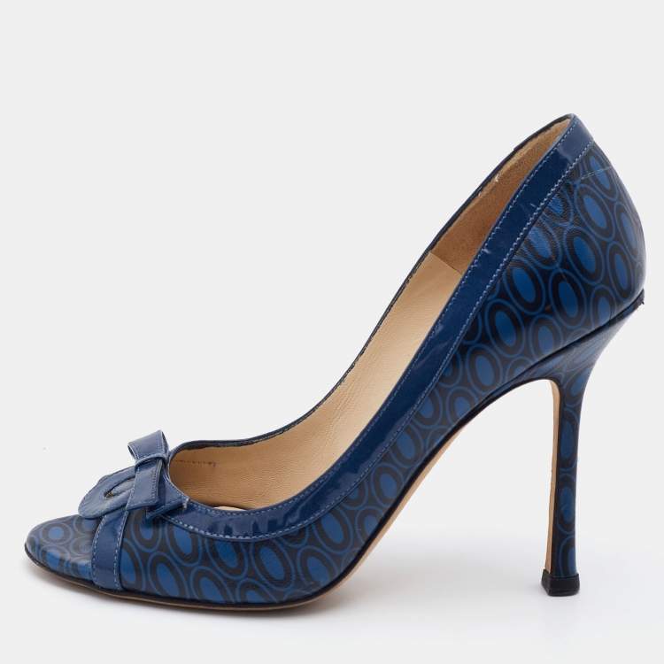 Pre Owned Jimmy Choo Blue/Black Printed Leather and Patent Peep Toe Pumps Size 37