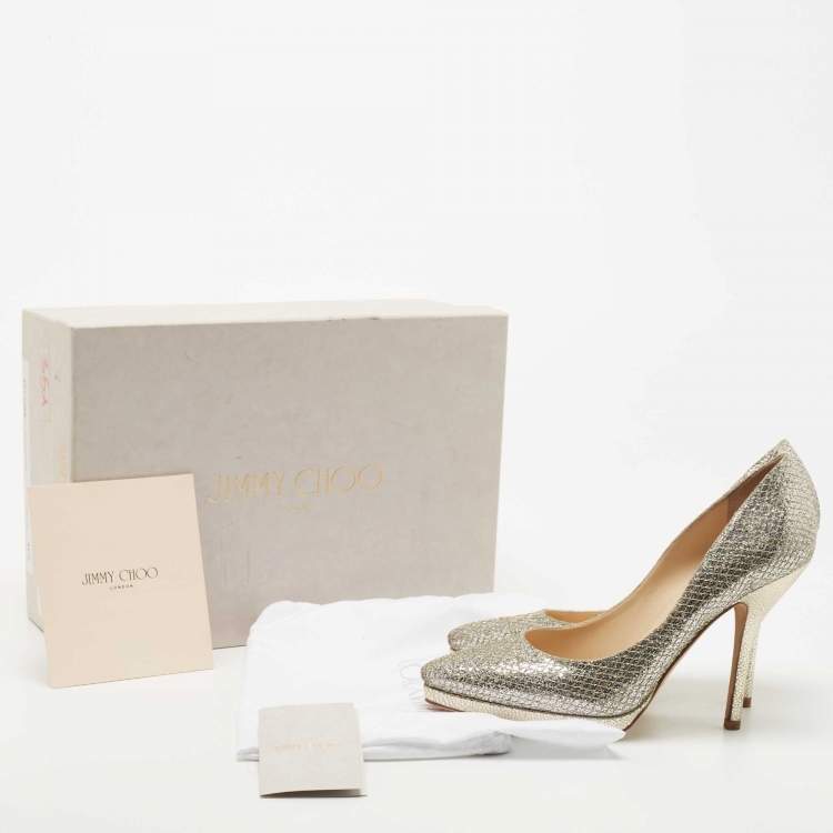 Pre Owned Jimmy Choo Silver Glitter and Leather Platform Pumps Size 37.5