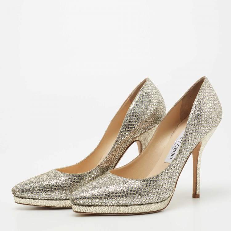 Pre Owned Jimmy Choo Silver Glitter and Leather Platform Pumps Size 37.5