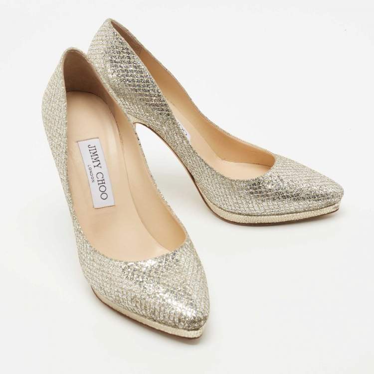 Pre Owned Jimmy Choo Silver Glitter and Leather Platform Pumps Size 37.5
