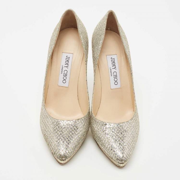 Pre Owned Jimmy Choo Silver Glitter and Leather Platform Pumps Size 37.5
