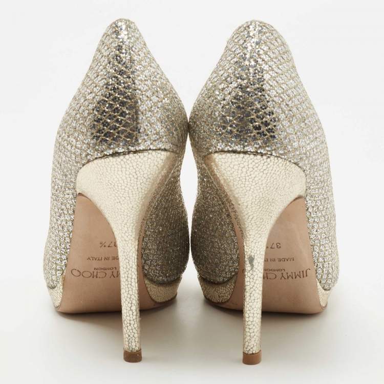 Pre Owned Jimmy Choo Silver Glitter and Leather Platform Pumps Size 37.5