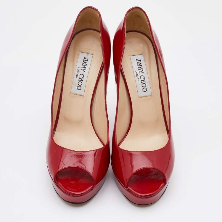 Pre Owned Jimmy Choo Red Patent Leather Luna Pumps Size 38.5
