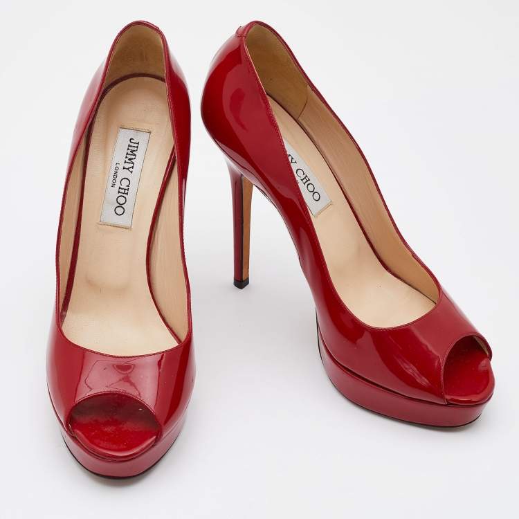 Pre Owned Jimmy Choo Red Patent Leather Luna Pumps Size 38.5