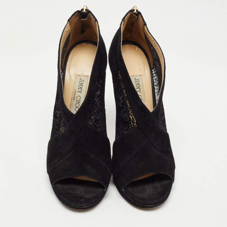 Pre Owned Jimmy Choo Black Mesh and Suede Open Toe Ankle Boots Size 40 